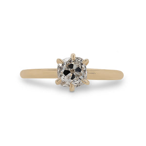 
                  
                    Load image into Gallery viewer, Front view of a 6 prong, miner cut diamond ring cast in 14 kt yellow gold.
                  
                
