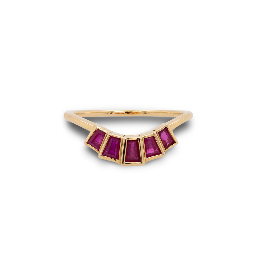 
                  
                    Load image into Gallery viewer, Front view of modern ruby ring with 5 bezel set rubies set in 14 kt yellow gold.
                  
                