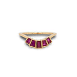 Front view of modern ruby ring with 5 bezel set rubies set in 14 kt yellow gold.