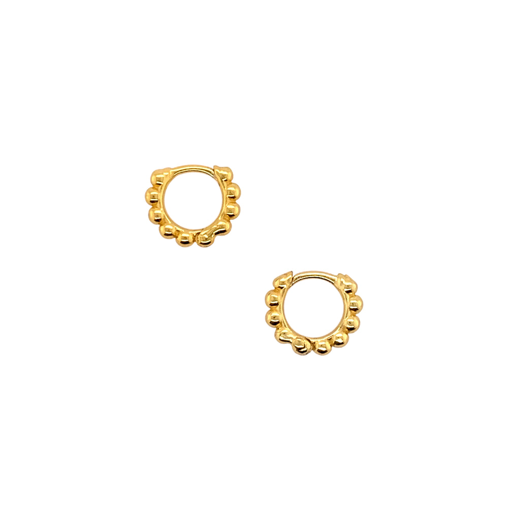 Modern, Beaded Ear Hugger Hoop Earrings made of 14kt yellow gold vermeil.  Displayed side facing on a white background.