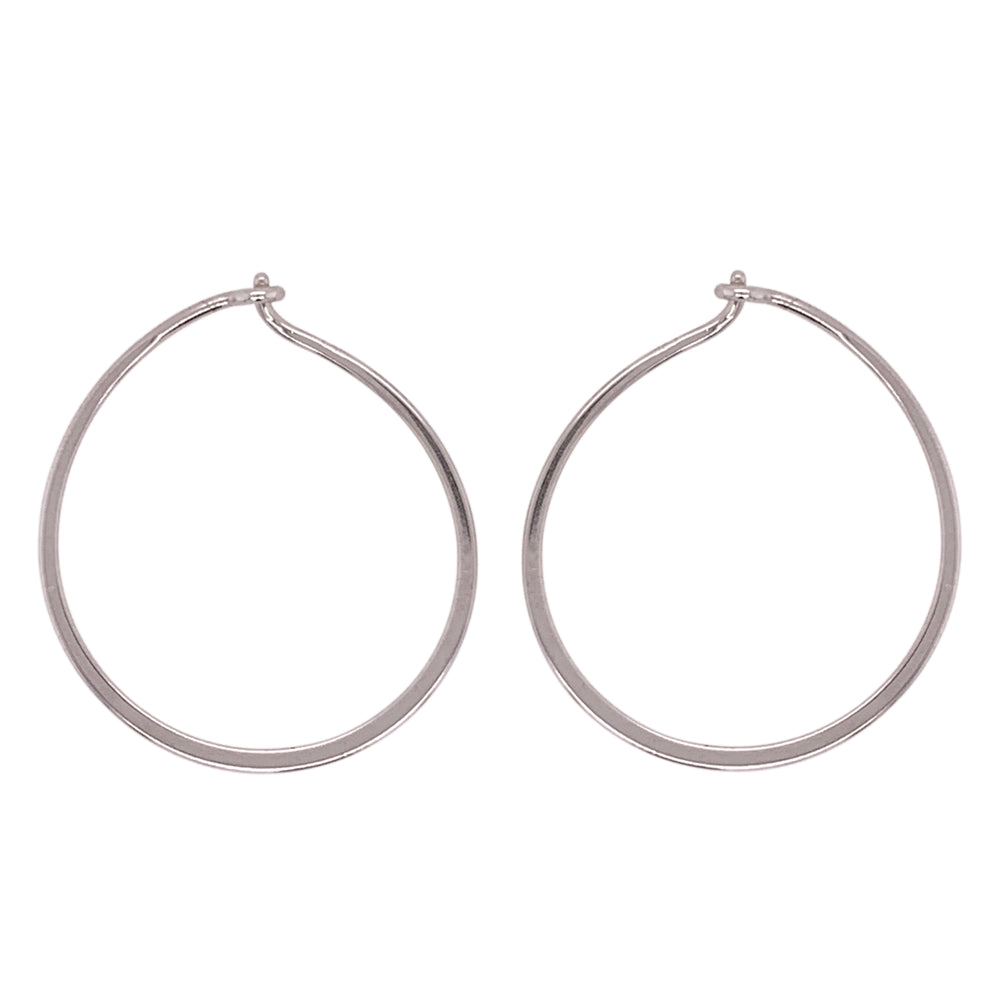 Modern, thin hoop earrings measuring at 24.5 mm. Made of 925 sterling silver. Displayed side facing on a white background.