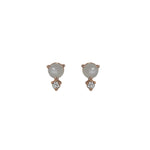 Front view of light gray moonstone stud earrings set in 14 kt rose gold, with 1 round accent diamond set vertically below each.