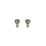 Front view of dark gray moonstone stud earrings set in 14 kt yellow gold, with 1 round accent diamond set vertically below each.