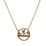 Front view of circular pendant necklace with 3 asymmetrical bars and 8 round cut diamonds cast in solid 14 kt yellow gold.
