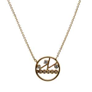 
                  
                    Load image into Gallery viewer, Front view of circular pendant necklace with 3 asymmetrical bars and 8 round cut diamonds cast in solid 14 kt yellow gold.
                  
                