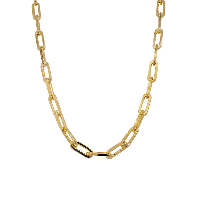 Front view of medium size, 16" paperclip style chain made of solid sterling silver and plated in 14 kt yellow gold.