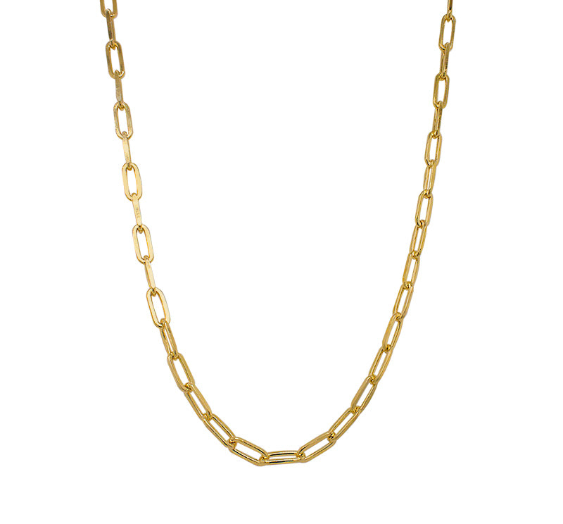 Front view of small size, 16" paperclip style chain made of solid sterling silver and plated in 14 kt yellow gold.