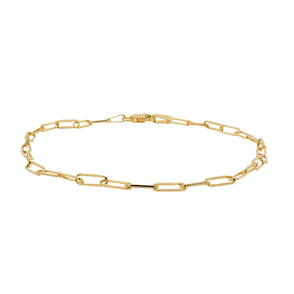 Front view of small size, solid 14 kt yellow gold paperclip style bracelet.