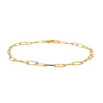 Front view of small size, solid 14 kt yellow gold paperclip style bracelet.