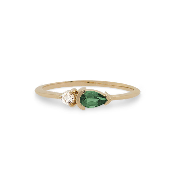 Front view of pear cut, green tourmaline and diamond ring cast in 14 kt yellow gold.