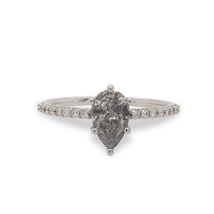 
                  
                    Load image into Gallery viewer, Front view of a pear cut, salt and pepper diamond ring flanked by 16 round cut diamonds, and cast in 14 kt white gold by King + Curated.
                  
                