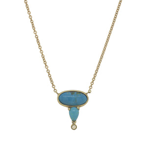 
                  
                    Load image into Gallery viewer, Front view of oval and pear cut turquoise and round diamond necklace cast in 14 kt yellow gold.
                  
                
