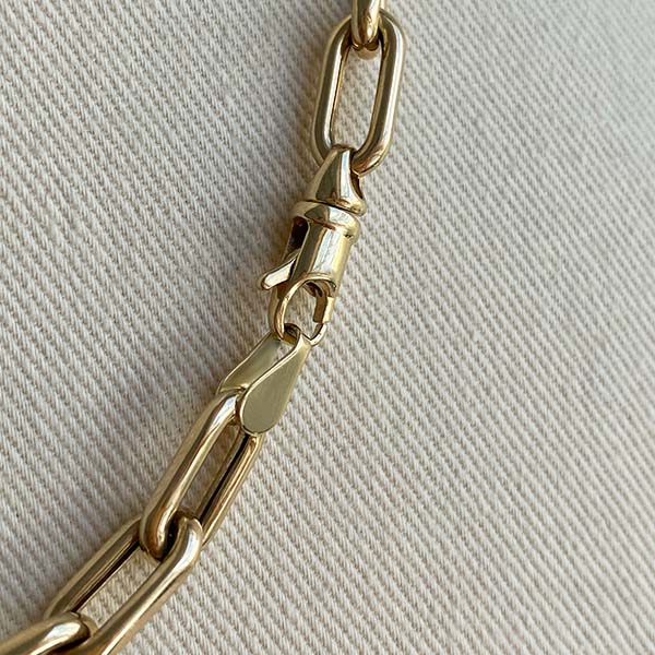 
                  
                    Load image into Gallery viewer, Close up of paperclip chain and lobster clasp closure in 14kt yellow gold.
                  
                
