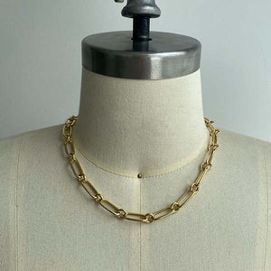 
                  
                    Load image into Gallery viewer, Front view of paperclip and round link necklace, cast in 14kt yellow gold.
                  
                