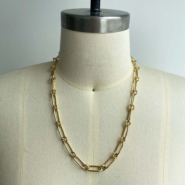 Front view of paperclip and round link necklace, cast in 14kt yellow gold.