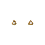 Front view of a pair of rose cut, trillion shape diamond studs cast in 14 kt yellow gold.