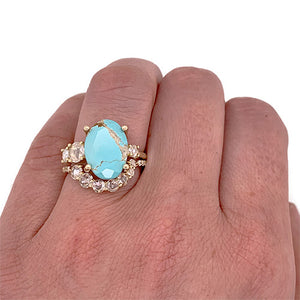 
                  
                    Load image into Gallery viewer, Rose cut turquoise and diamond ring cast in 14 kt yellow gold on left ring finger.
                  
                