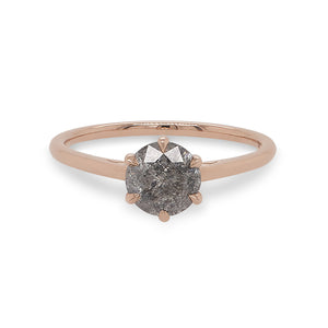 
                  
                    Load image into Gallery viewer, Front view of a round cut salt and pepper diamond ring with a 6 prong claw style setting, and cast in 14 kt rose gold.
                  
                