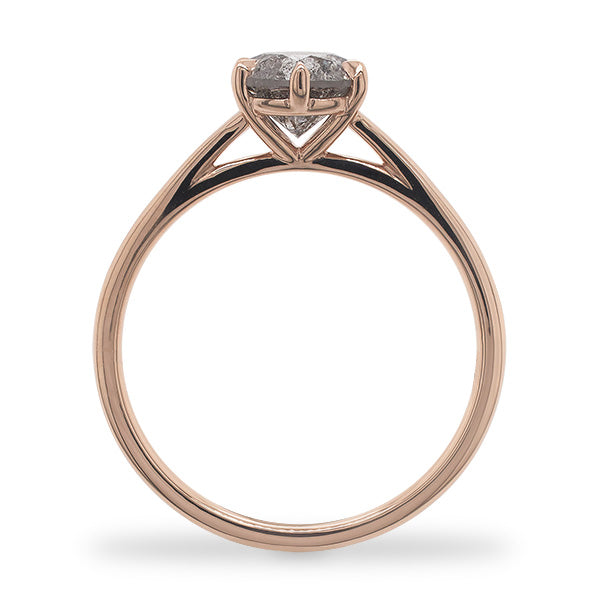 
                  
                    Load image into Gallery viewer, Side view of a round cut salt and pepper diamond ring with a 6 prong claw style setting, and cast in 14 kt rose gold.
                  
                