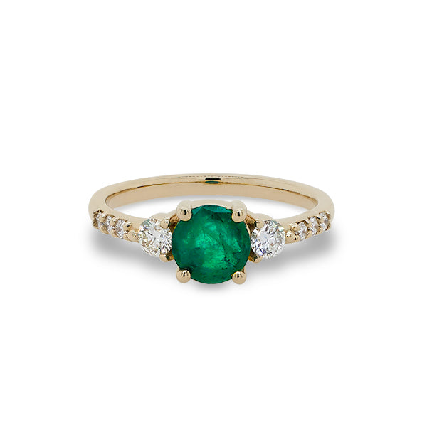 
                  
                    Load image into Gallery viewer, Front view of round emerald ring with 2 medium and 6 small accent diamonds cast in 14 kt yellow gold.
                  
                