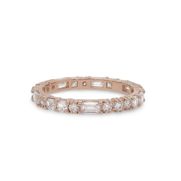 
                  
                    Load image into Gallery viewer, Front view of a diamond eternity band with round, asscher and baguette cut diamonds cast in 14 kt rose gold.
                  
                