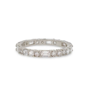 
                  
                    Load image into Gallery viewer, Front view of a diamond eternity band with round, asscher and baguette cut diamonds cast in 14 kt white gold.
                  
                