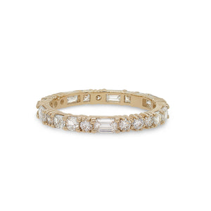 
                  
                    Load image into Gallery viewer, Front view of a diamond eternity band with round, asscher and baguette cut diamonds cast in 14 kt yellow gold.
                  
                