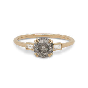 
                  
                    Load image into Gallery viewer, Front view of a round cut salt and pepper diamond ring flanked by 2 baguette cut diamonds, and cast in 14 kt yellow gold.
                  
                