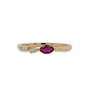 
                  
                    Load image into Gallery viewer, Front view of marquise cut ruby and diamond ring cast in 14 kt yellow gold.
                  
                