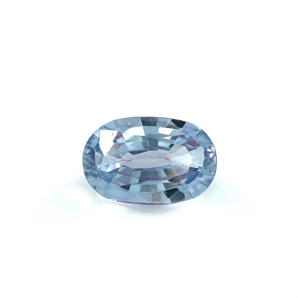 Front view of 1.46 ct. light blue-violet and elongated oval sapphire on white background.