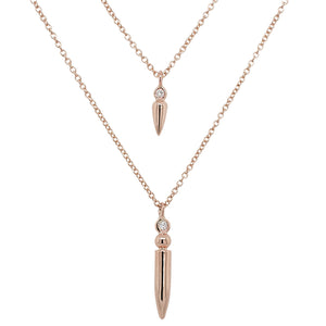 
                  
                    Load image into Gallery viewer, Front view of one small diamond spike necklace and one large diamond spike necklace cast in 14 kt rose gold.
                  
                