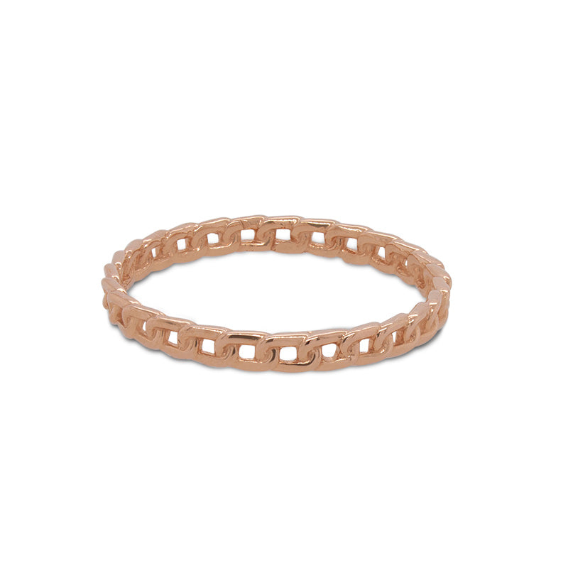 Front view of chain link pattern ring cast in 14 kt rose gold.