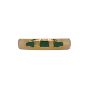 
                  
                    Load image into Gallery viewer, Front view of 4.6mm wide and rounded band with 3 inlays of malachite, rectangular in shape in the middle and tapered on either side. Cast in 14kt yellow gold.
                  
                
