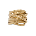 Front view of a custom criss crossed ring cast in 18 kt yellow gold.