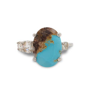 
                  
                    Load image into Gallery viewer, Front view of an asymmetrical rose cut turquoise ring flanked by 3 rose cut diamonds cast in 14 kt white gold by King + Curated.
                  
                