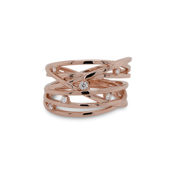 
                  
                    Load image into Gallery viewer, Front view of solid yellow gold ring with multiple cylindrical patterns and 6 round diamonds cast in 14 kt rose gold. 
                  
                