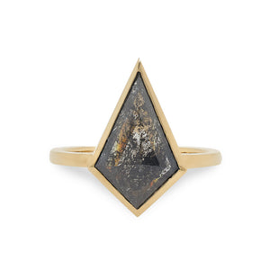 
                  
                    Load image into Gallery viewer, Front view of 2.27 ct solitaire ring, cast in 14 kt yellow gold, dark salt and pepper diamond in a kite-shaped cut.
                  
                