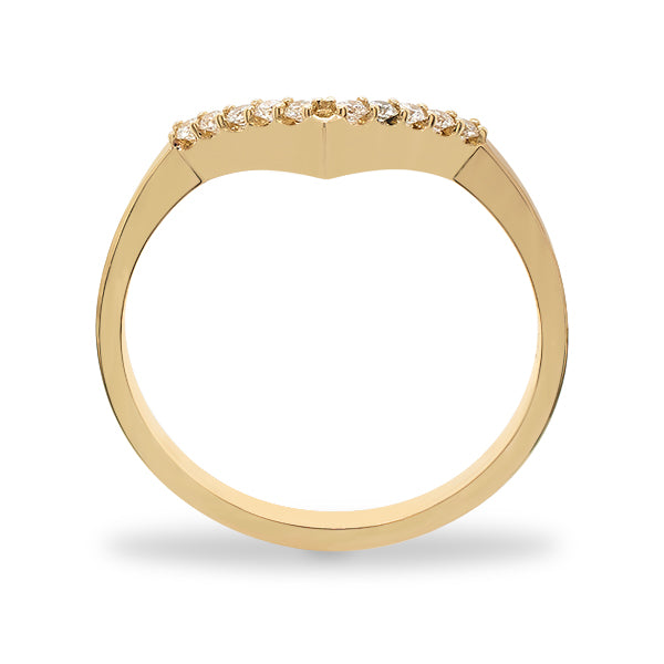 SIde view of a V shaped ring with 10 round cut diamonds cast in 14 kt yellow gold by King + Curated.