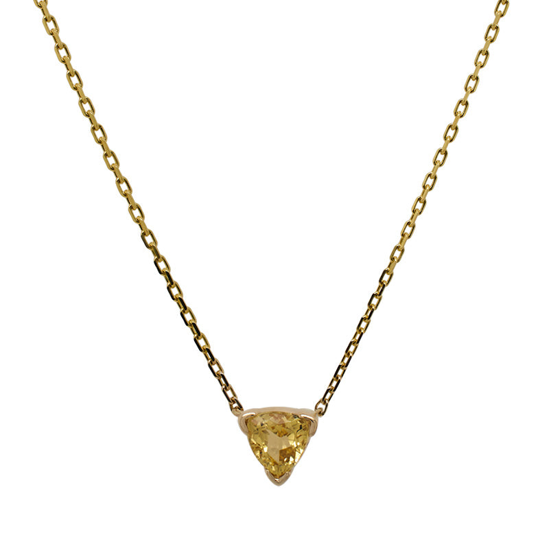Front view of a trillion cut yellow sapphire necklace cast in a 14 kt yellow gold setting.
