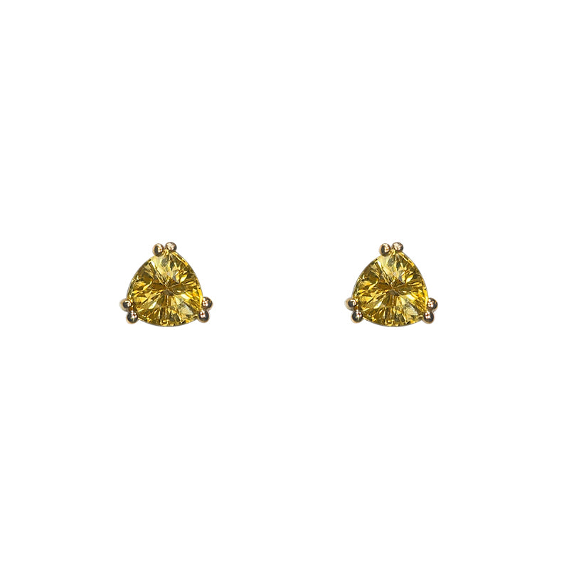 Front view of 0.54 tcw rounded trillion cut yellow sapphires in 14 kt yellow gold prong settings. Displayed on white background.