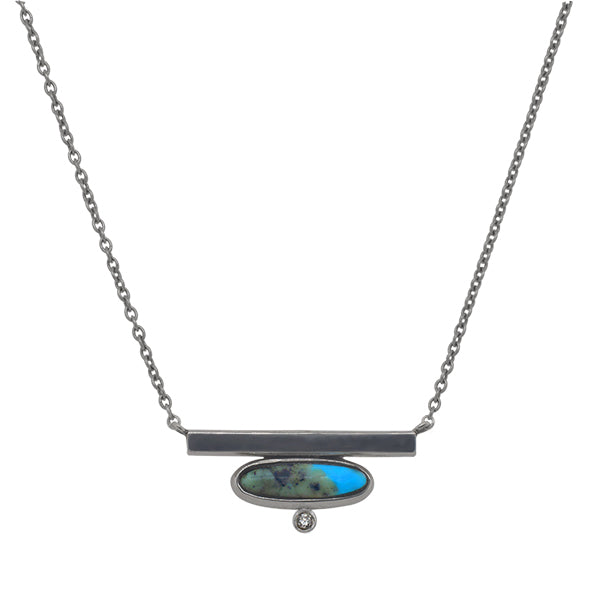 
                  
                    Load image into Gallery viewer, Front view of oval cut turquoise and round cut diamond bar necklace cast in 14 kt white gold.
                  
                
