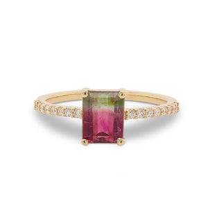 
                  
                    Load image into Gallery viewer, Front view of an emerald cut watermelon tourmaline ring flanked by 16 round cut diamonds and cast in 14 kt yellow gold.
                  
                