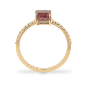 
                  
                    Load image into Gallery viewer, Side view of an emerald cut watermelon tourmaline ring flanked by 16 round cut diamonds and cast in 14 kt yellow gold.
                  
                